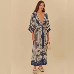 FARM Rio Blue and White Aurora Floral Midi Dress Size S